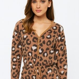 Leopard Print Long Sleeve Romper Jumpsuit Pajamas Lounge Wear